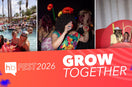 HB Fest 2026 attendees at the resort pool party, on the In Bloom party dance floor and at the Grow Together photo wall, above a coral wave banner with the hb FEST 2026 logo and the words Grow Together.