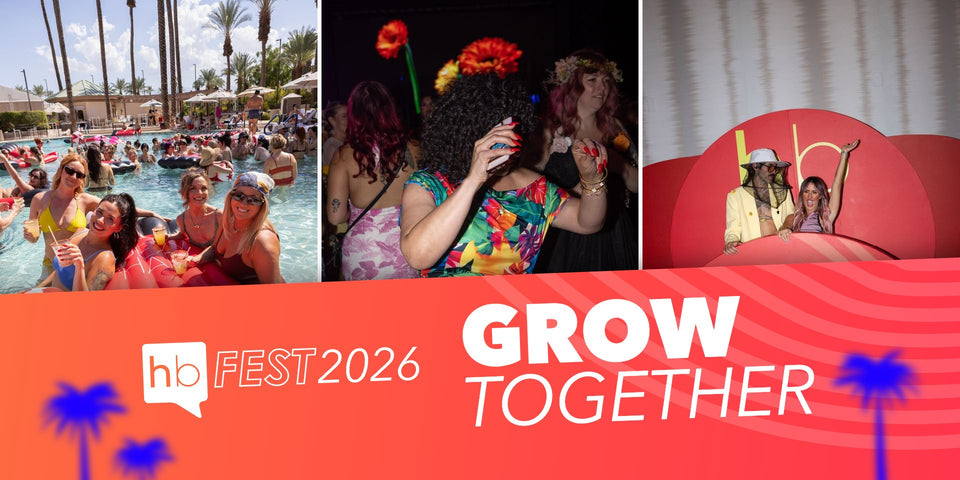 HB Fest 2026 attendees at the resort pool party, on the In Bloom party dance floor and at the Grow Together photo wall, above a coral wave banner with the hb FEST 2026 logo and the words Grow Together.
