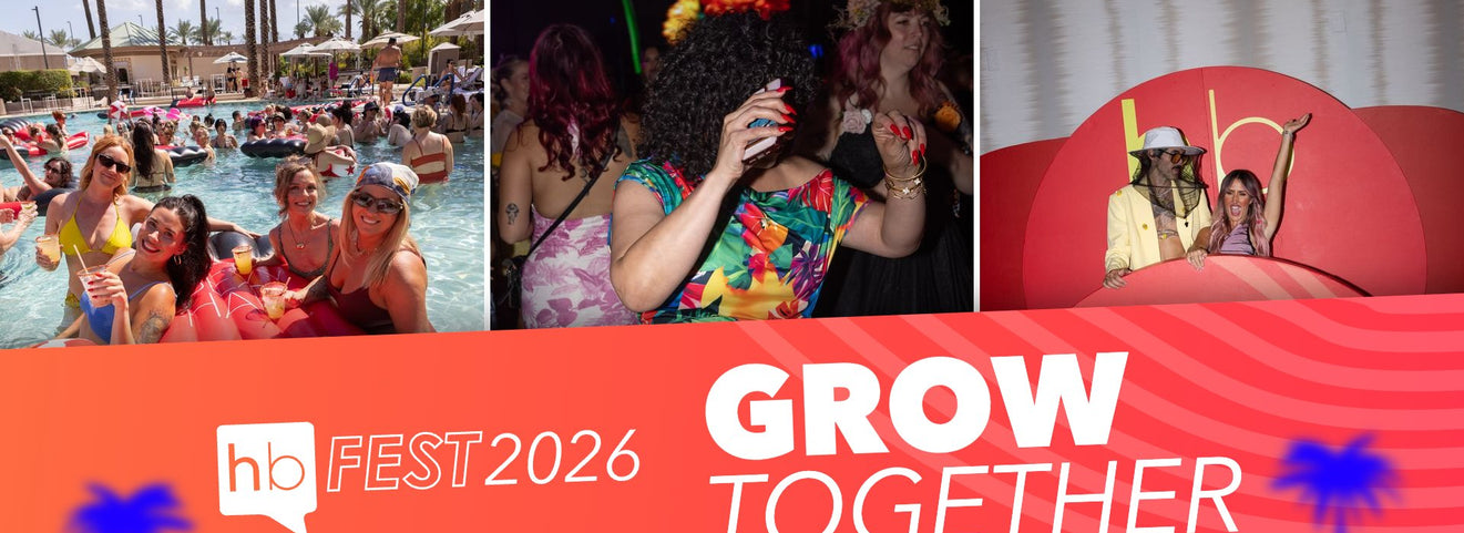 HB Fest 2026 attendees at the resort pool party, on the In Bloom party dance floor and at the Grow Together photo wall, above a coral wave banner with the hb FEST 2026 logo and the words Grow Together.