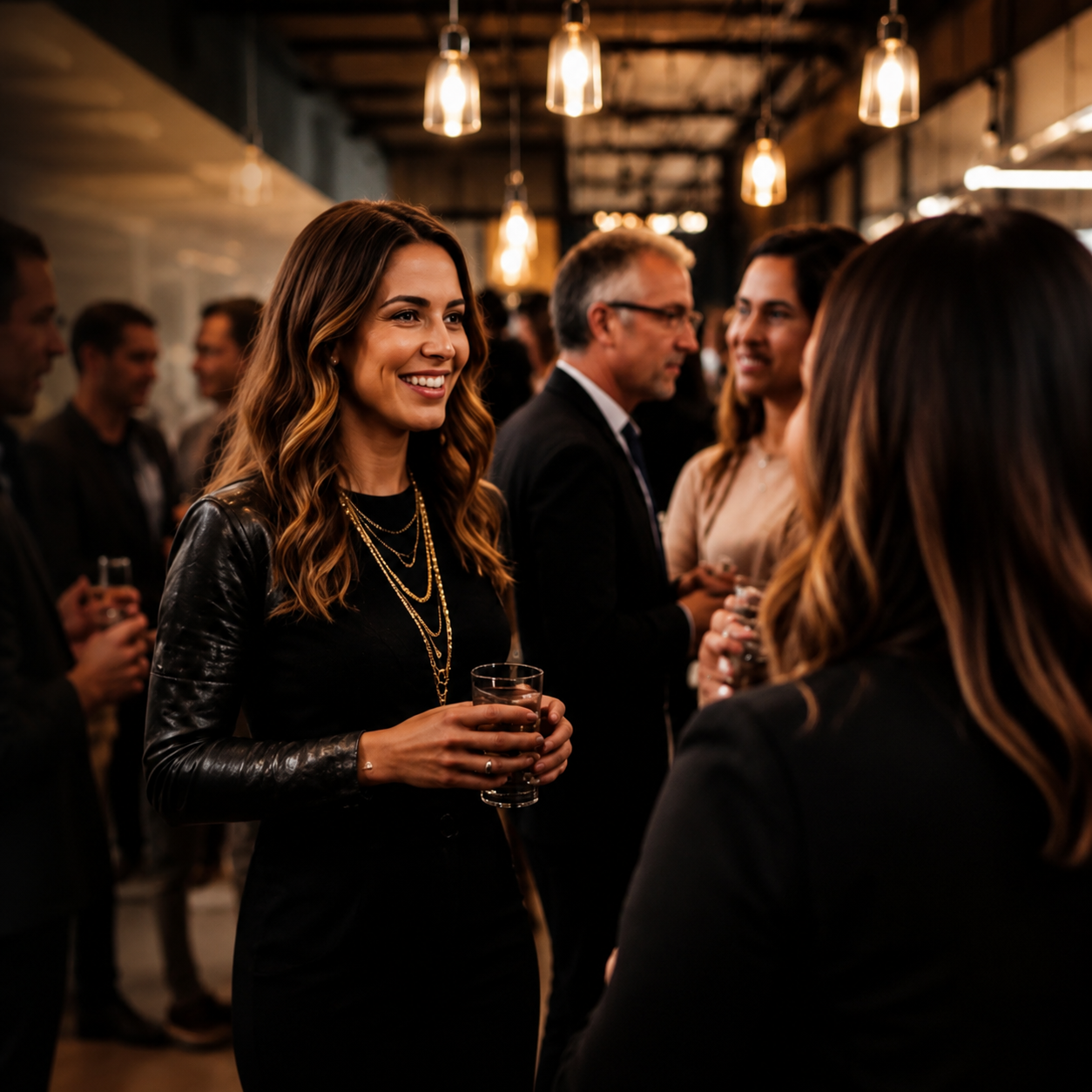 Hair-industry professionals networking at an evening event